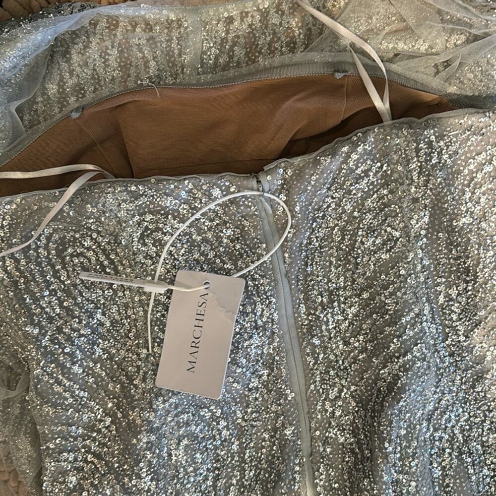 Marchesa Notte Strapless Beaded Glitter Maxi Column Gown w Caplet silver NEW - Picture 6 of 15